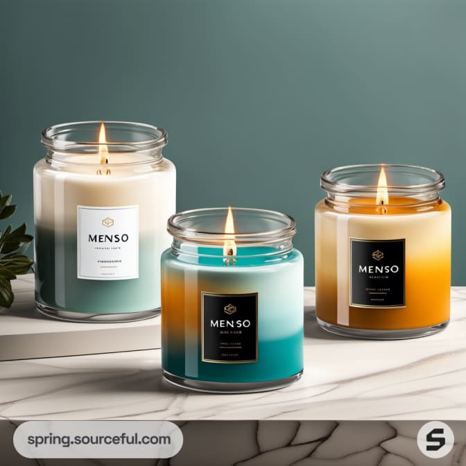 Three candles in glass jars on marble surface, layered colors in teal and orange.
