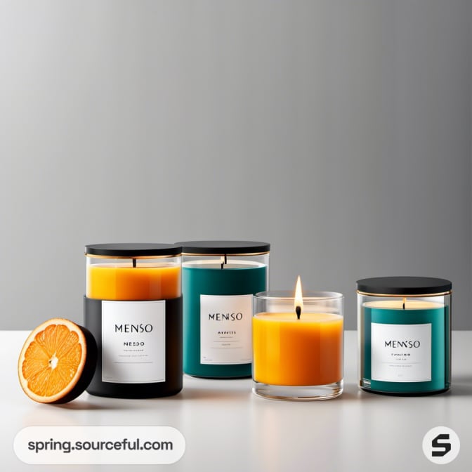 Candles in glass jars, orange and teal colors, with sliced orange nearby.