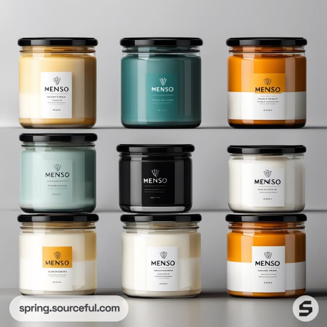 Nine candles in jars, displayed in groups, teal, white, and orange colors.