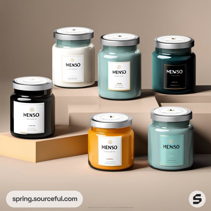 Six candles in jars with metallic lids, colors include teal and orange.