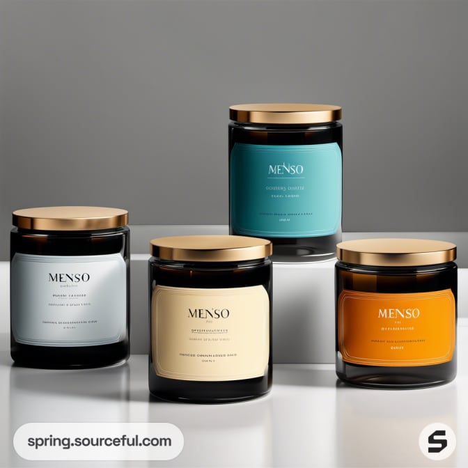 Four candles in jars, elegant design with gold lids, in teal and orange.