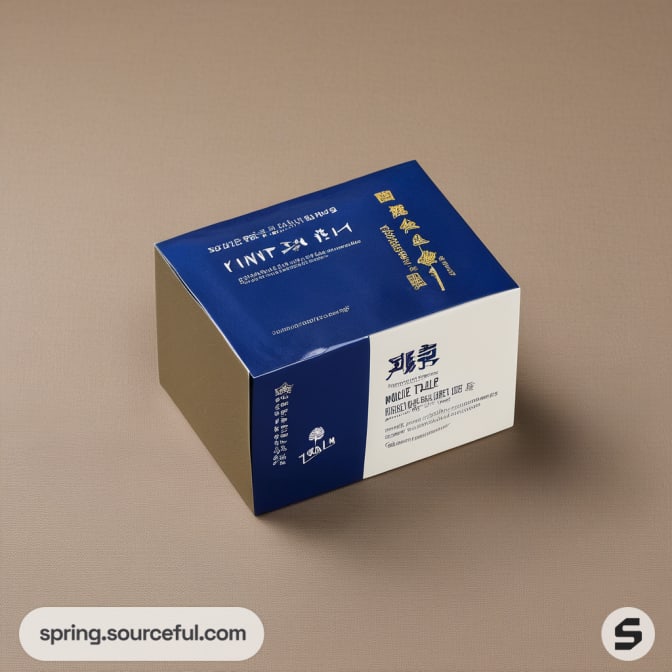Blue and beige box with intricate writing and patterns.