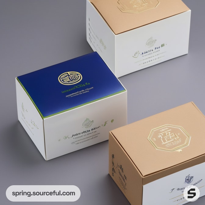 Set of three boxes in blue, white, and gold with elegant designs.