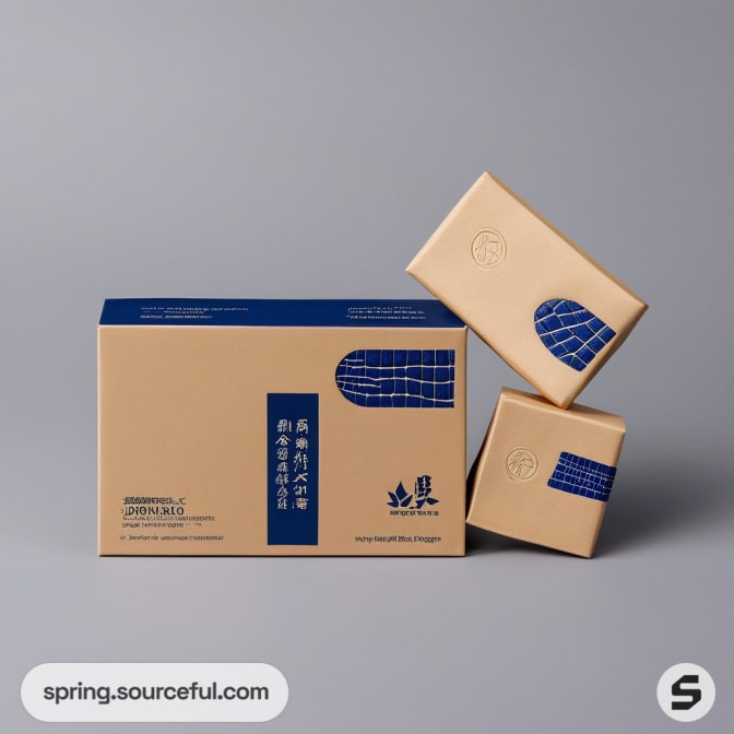 Beige box with blue accents and matching smaller packages.