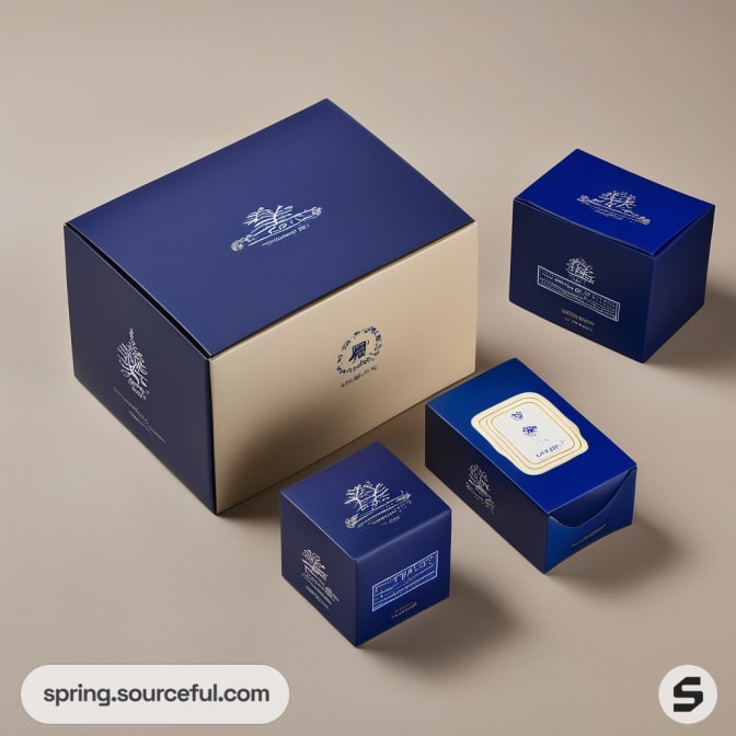 Elegant blue box set with detailed designs and multiple smaller boxes.