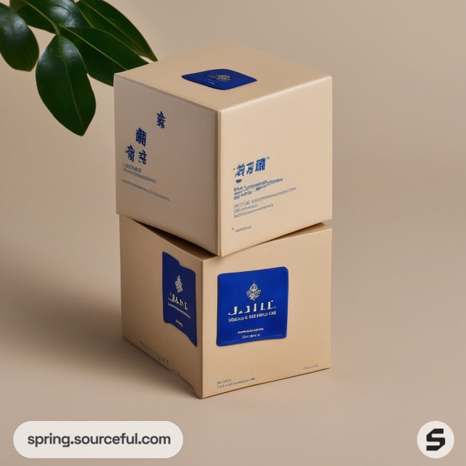 Stacked beige boxes with blue square design and minimal text.