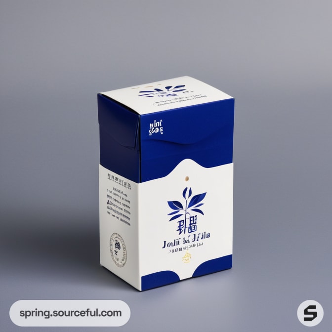 Tall blue and white box with elegant logo and text design.
