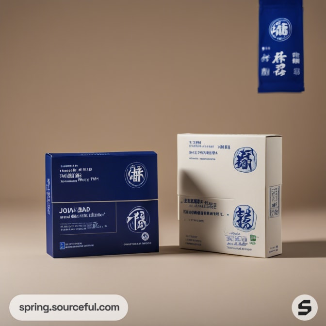 Two boxes, one in blue and another in white, with classic design.