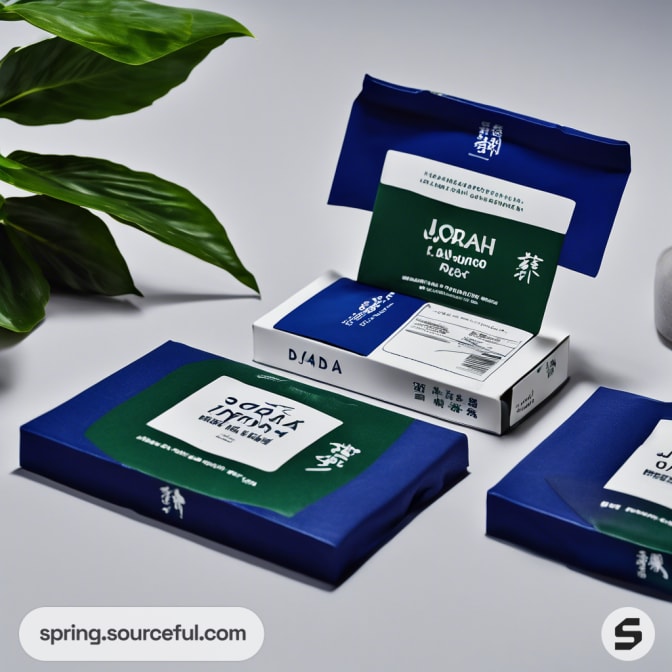 Blue and green packaging with minimalist text, surrounded by leaves.