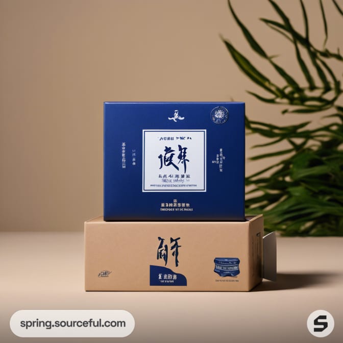 Stacked blue and beige boxes with plant background.