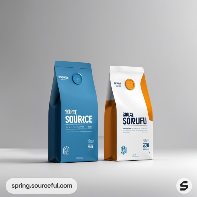 Blue and white coffee bags with orange accents on gray background.