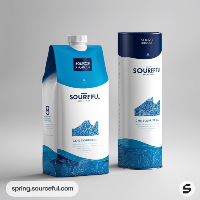 Two blue and white beverage cartons with intricate blue patterns.
