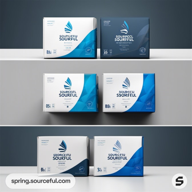 Set of blue and white folding cartons on gray background.