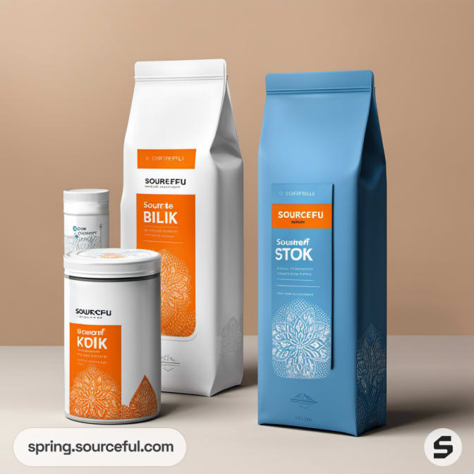 White and blue coffee packaging with orange accents.