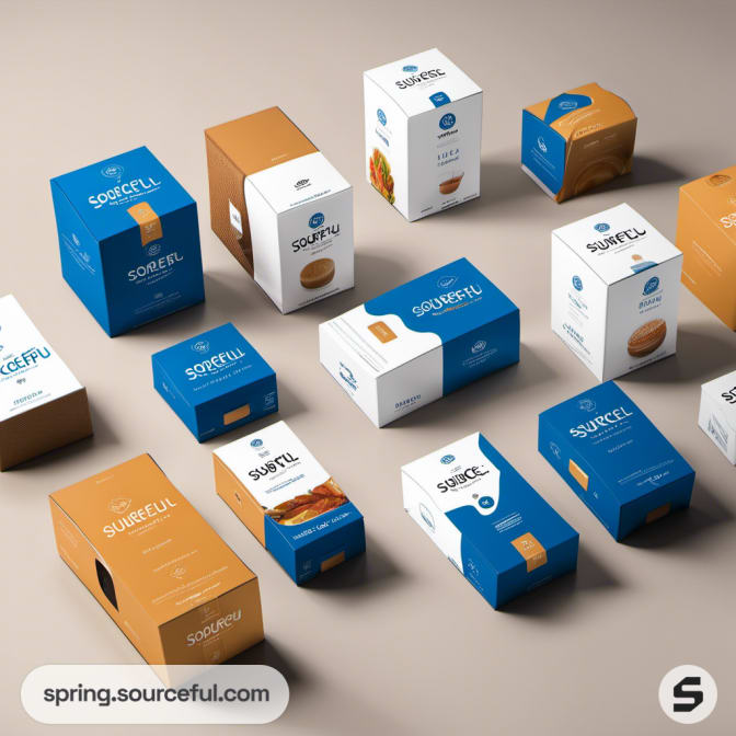 Variety of blue and brown food boxes on beige surface.