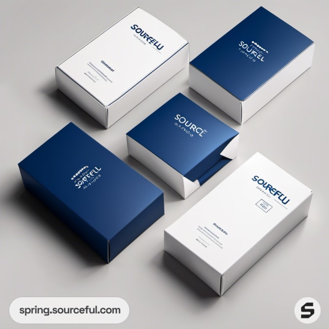 Blue and white folding boxes on gray surface.