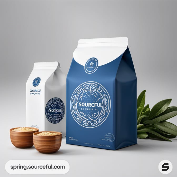Blue and white coffee bags with wooden cups and plant.