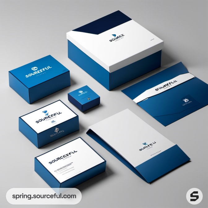 Blue and white set of boxes and envelopes with minimalist design.