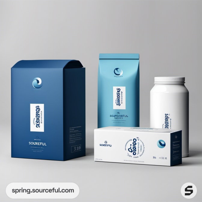 Blue and white product packaging including bottle and box.