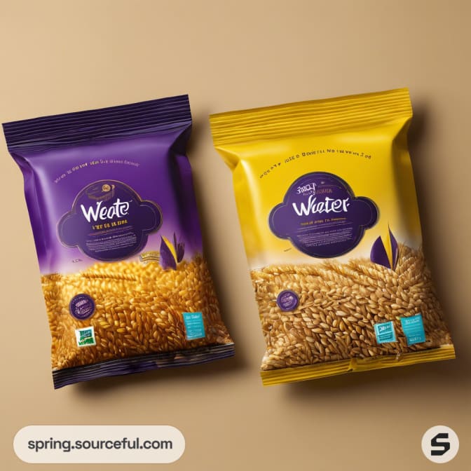 Two snack bags, one purple and one yellow, with wheat imagery on brown background.