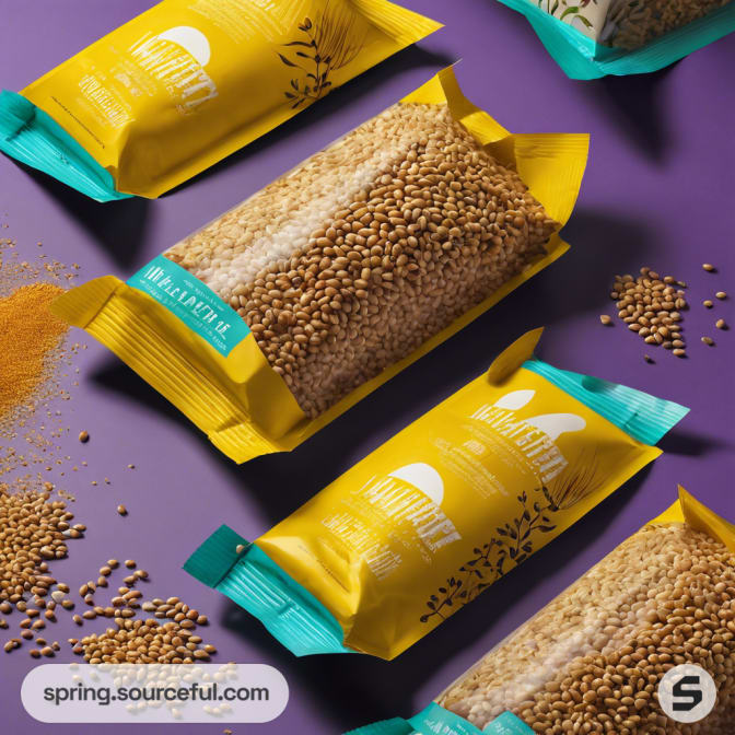 Yellow and teal snack bars with wheat grains on a purple surface.