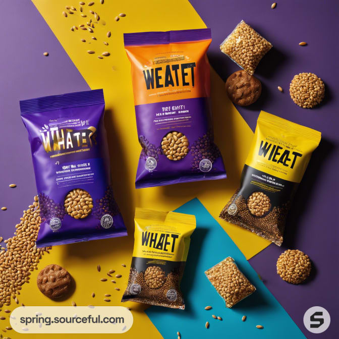 Four colorful snack bags, yellow, purple, and orange, with grains on purple and yellow background.