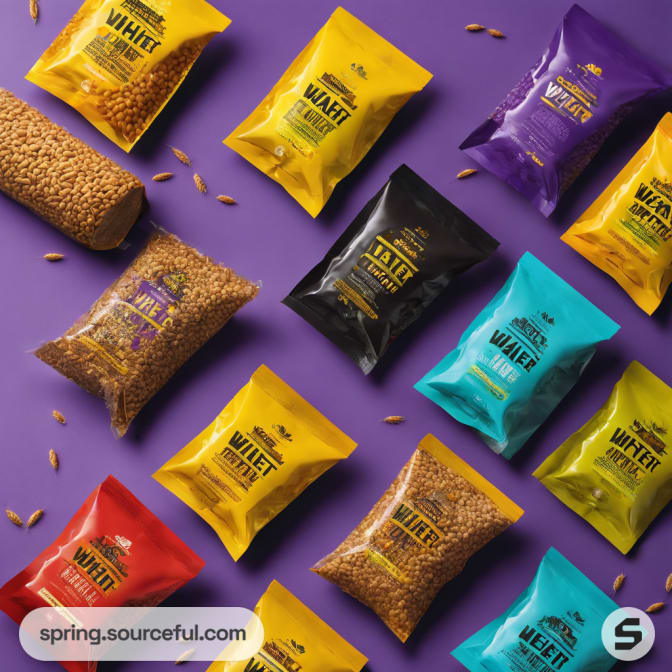 Various colored snack pouches with wheat design on a purple background.