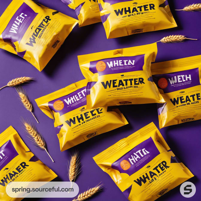 Yellow snack packs with wheat graphics, scattered with wheat grains on purple surface.