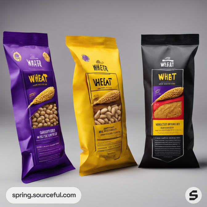Three vertical snack bags with wheat design, in purple, yellow, and black, on gray surface.