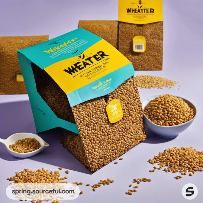 Wheat grains in a blue and yellow packaging box, with spilled grains and bowls around.