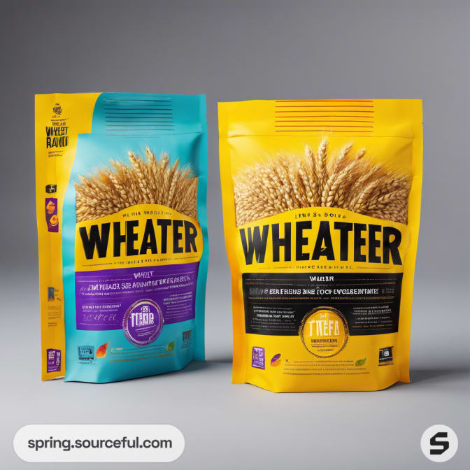 Two snack pouches, one blue and one yellow, with wheat graphics on gray backdrop.