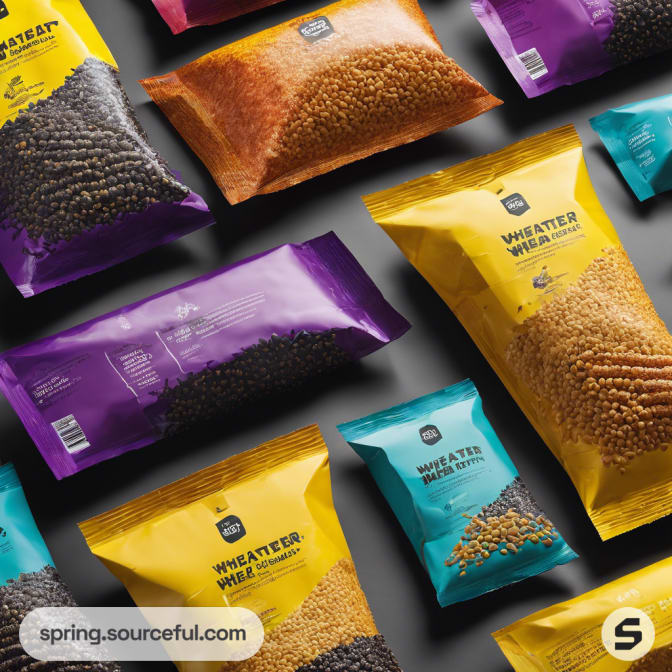 Assorted snack pouches in yellow, purple, and teal with wheat imagery on dark surface.