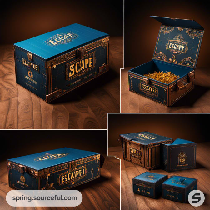 Blue box with gold detailing, open lid showing contents inside.