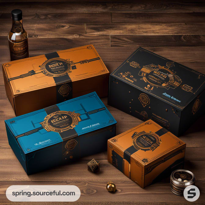 Four boxes in orange and blue with ornate designs on a wooden background.