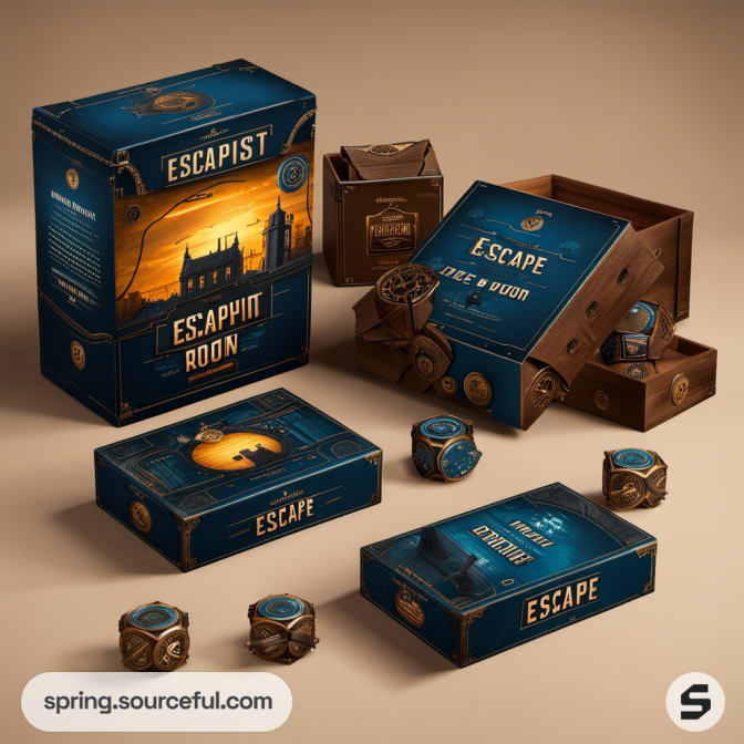 Escape room-themed packaging with a mix of blue and brown colors.