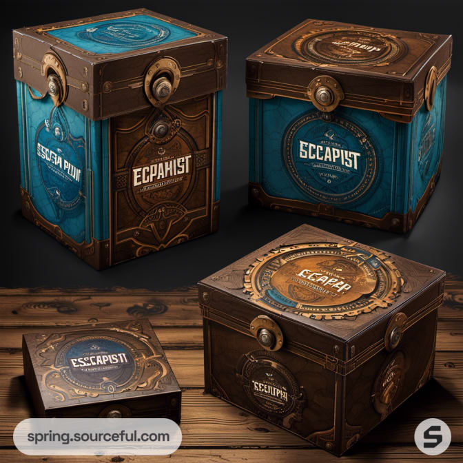Three boxes with mechanical-inspired designs, blue and brown hues.