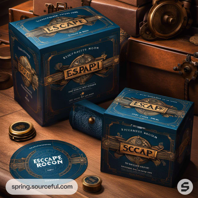 Blue boxes with vintage designs surrounded by brass items.