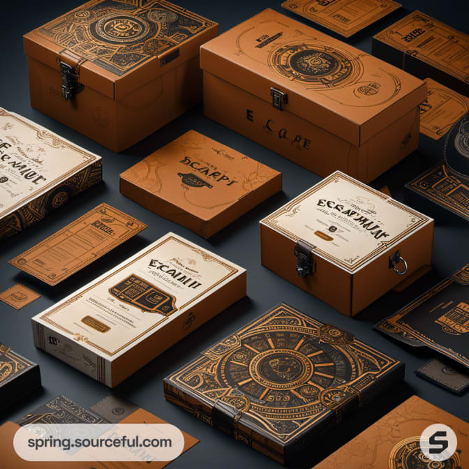 Various brown and orange boxes with intricate patterns on a dark background.