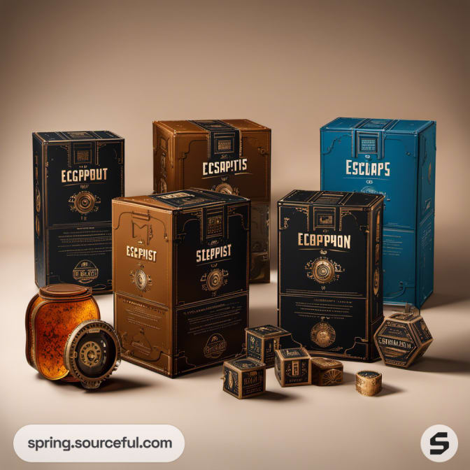 Tall rectangular boxes in blue and brown with decorative motifs.
