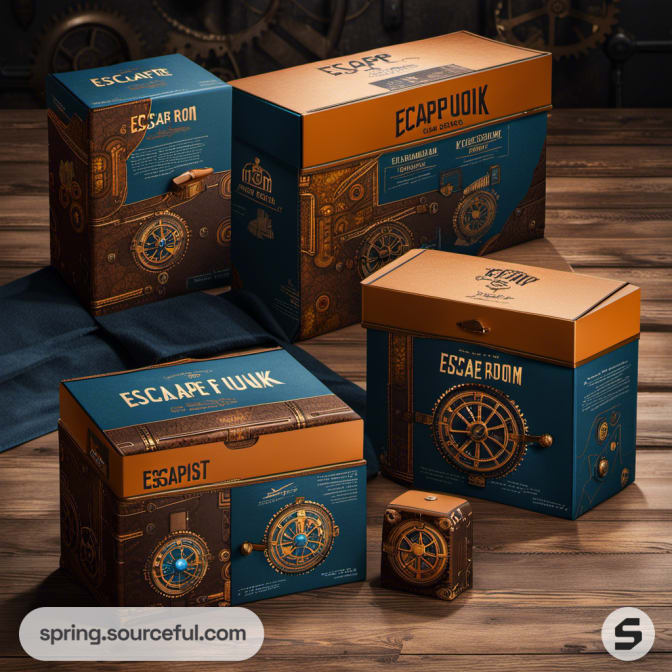 Assorted blue and orange boxes with steampunk motifs on wooden table.