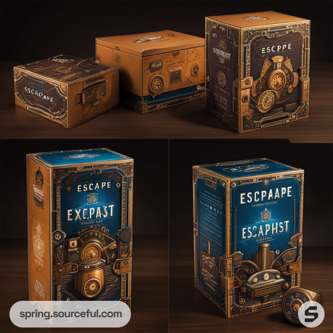 Orange and blue packages with mechanical designs on a dark surface.
