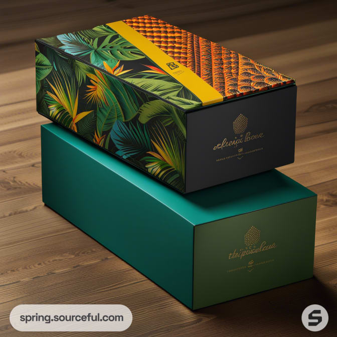 Two decorative rectangular boxes with tropical leaf patterns and dark green color on wooden surface.