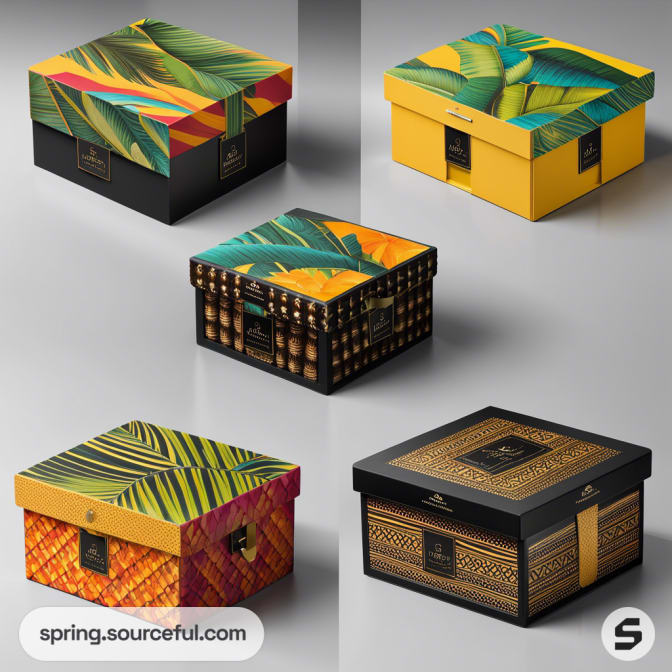 Collection of five decorative gift boxes with vibrant tropical and geometric patterns on lids and sides.