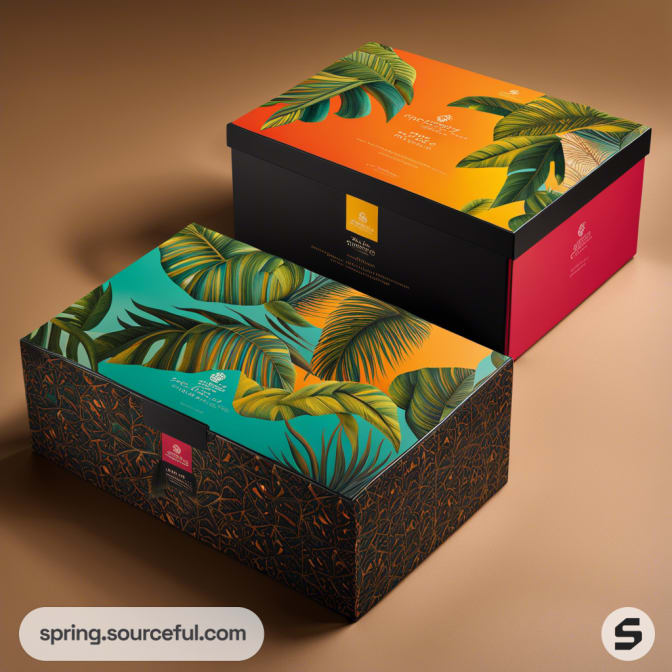 Two decorative shoe boxes with colorful leaf patterns on a beige background.