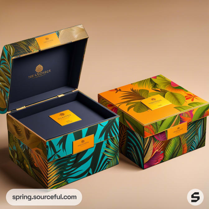 Two vibrant mailer boxes with tropical leaf patterns, one open showing a dark interior.