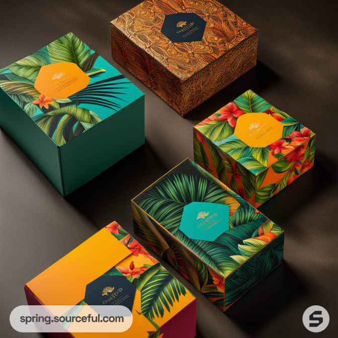 Colorful mailer boxes with tropical leaf and flower patterns on a dark surface.