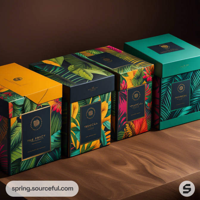 Colorful tropical themed boxes with leaf patterns on a wooden surface.