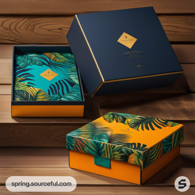 Stacked navy and orange gift boxes with tropical leaf patterns and gold accents on wooden background.