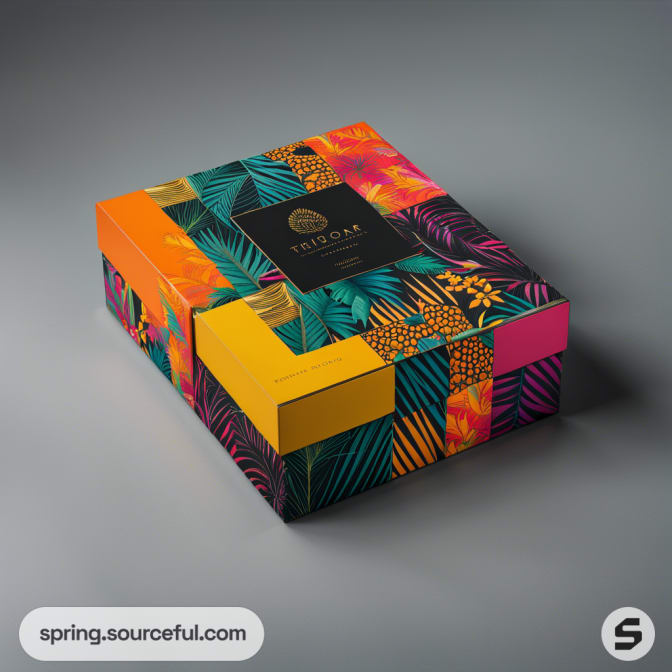 Colourful mailer box with vibrant tropical leaf and geometric patterns on a grey background.