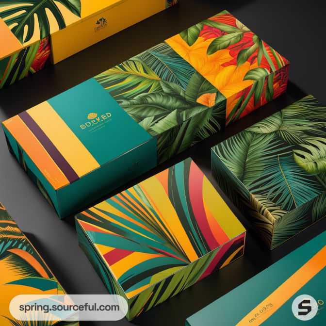 Colorful mailer boxes with vibrant tropical leaf patterns in green, yellow, and orange hues on a dark background.